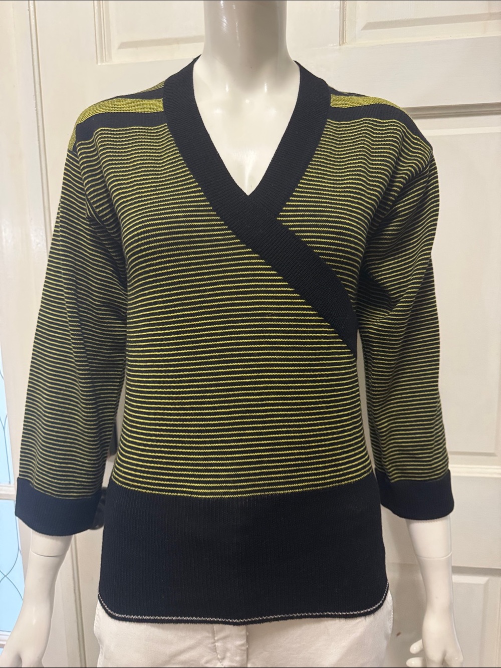 BASILE Vintage 100%Wool made In Italy Striped V-Neck Wrap Sweater Yellow-Black